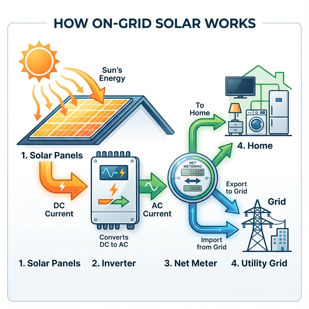 On-Grid Solar System Working Diagram